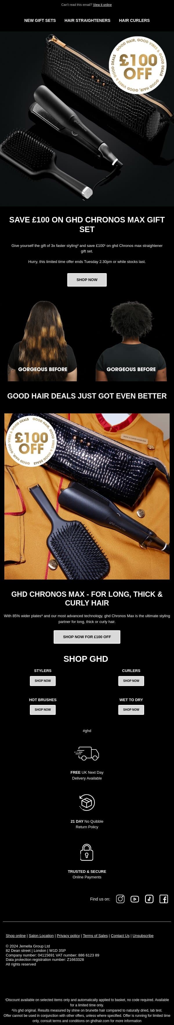 Price drop alert: £100 off Faster Styling 🕑 email from GHD screenshot