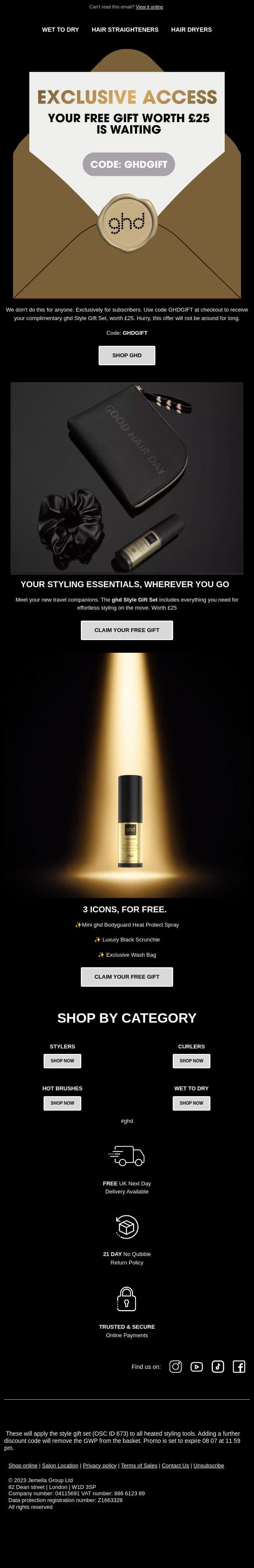 Phew, you nearly missed your free gift email from GHD screenshot