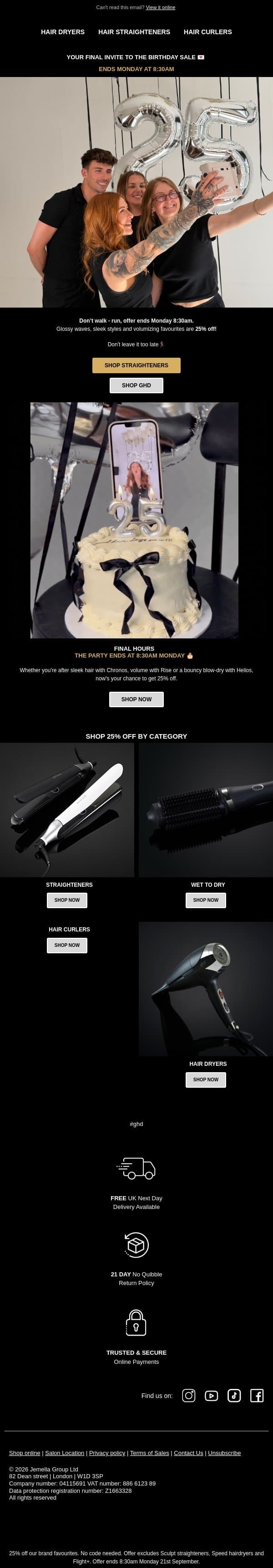 FINAL CALL: Our Birthday Sale ends soon 🚨 email from GHD screenshot
