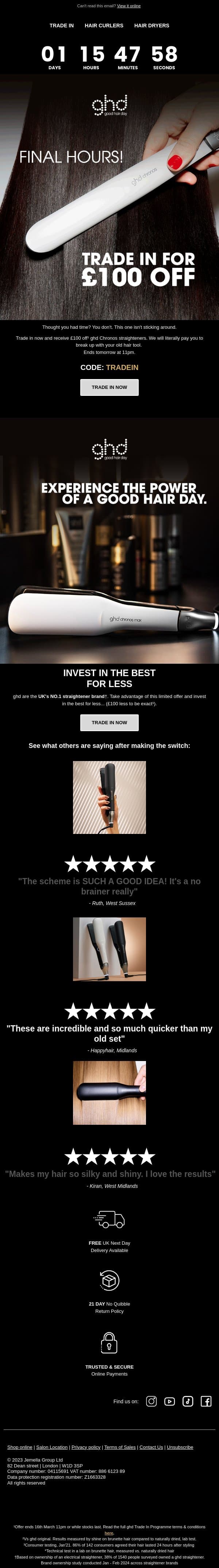 Final Hours! Trade In & Save £100 ⌚️ email from GHD screenshot