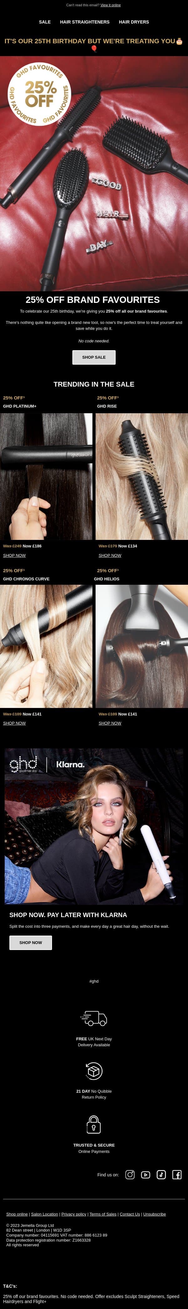Don't miss ✨25% OFF✨ brand favourites email from GHD screenshot