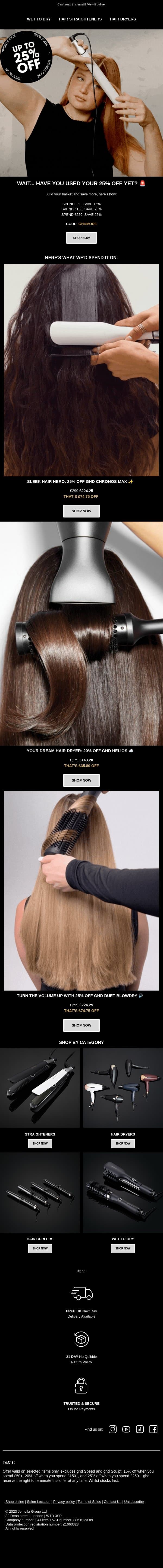 PSA: you can get up to 25% off ghd right now 📢 email from GHD screenshot