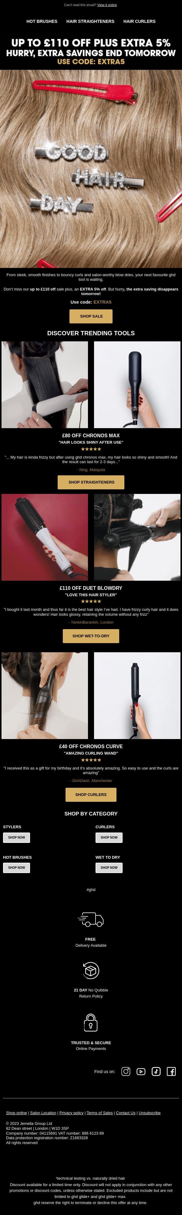 Last day of EXTRA 5% off Sale ⭐🖤 email from GHD screenshot