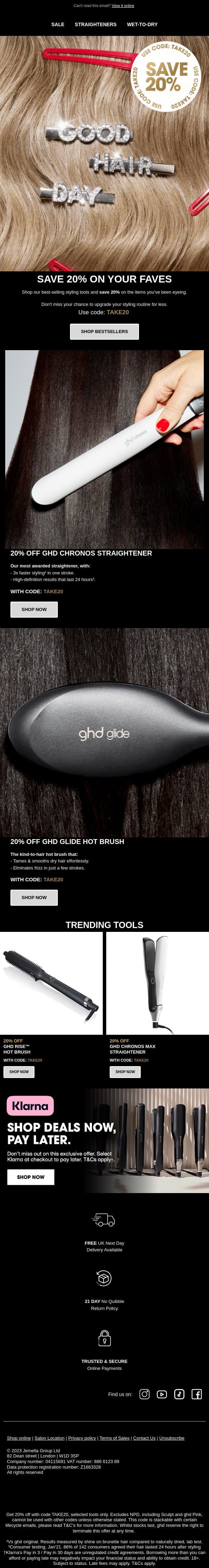 Future you has great hair (and saved 20%) email from GHD screenshot