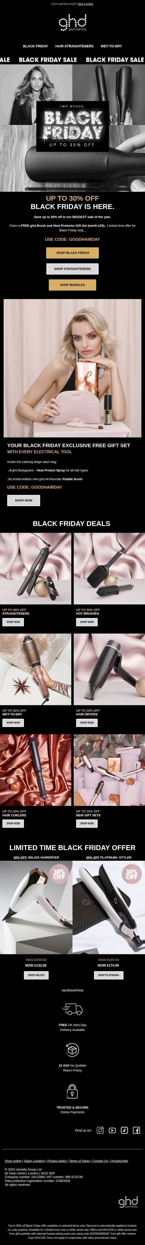 Black Friday Starts NOW 🚨 Up To 30% Off email from GHD screenshot
