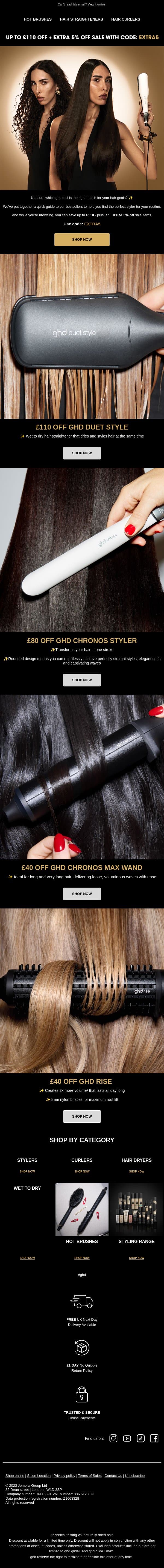 Wondering which styling tool is “the one”? email from GHD screenshot