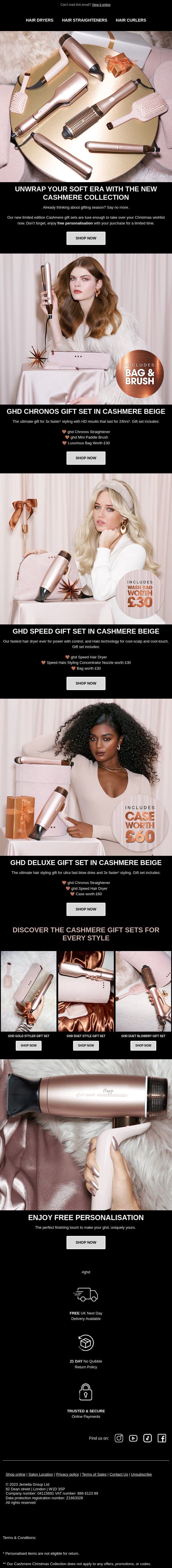 The NEW ghd Cashmere Collection is here ✨ email from GHD screenshot
