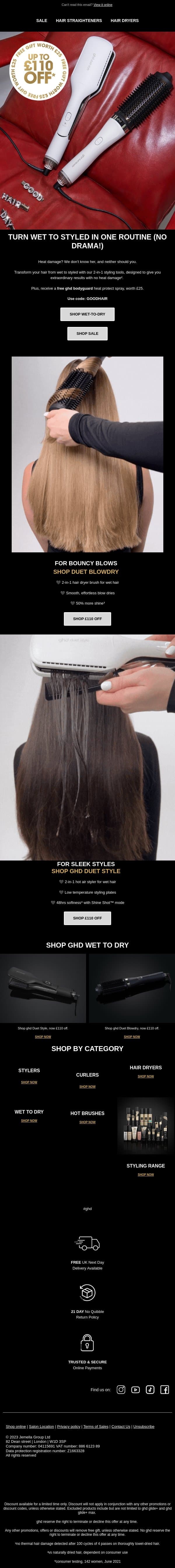 Make your routine easier: £110 off ghd wet‑to‑dry email from GHD screenshot