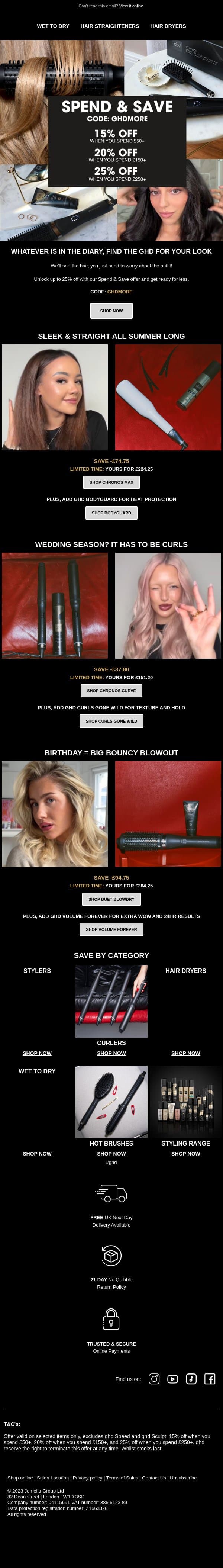 Spend & Save up to 25% off + free UK delivery 🖤 email from GHD screenshot