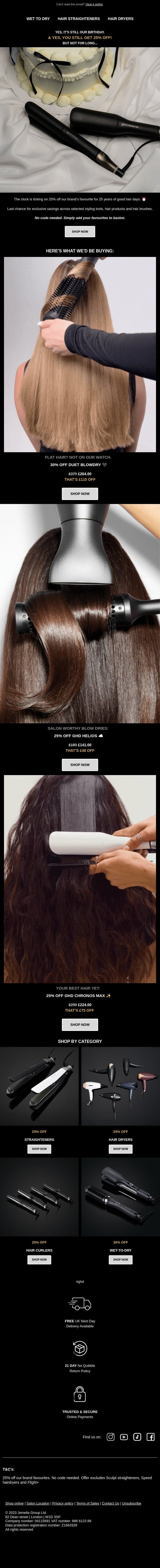 Our birthday treat won’t last forever: 25% off ghd ⏰ email from GHD screenshot