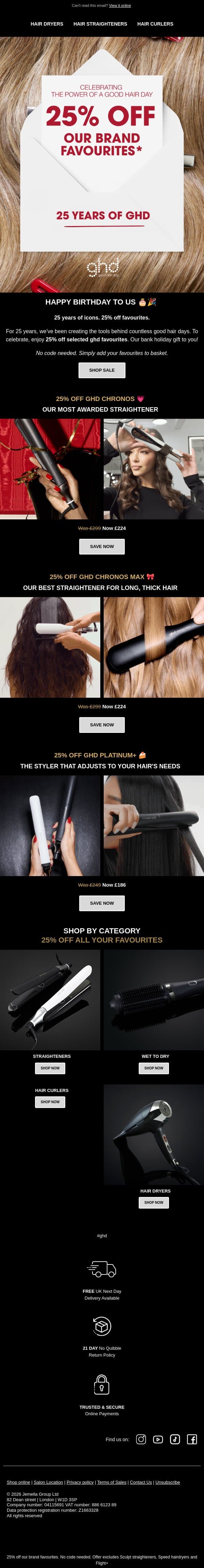 NOW LIVE: 25% OFF for 25 years of ghd 🎁🎉 email from GHD screenshot