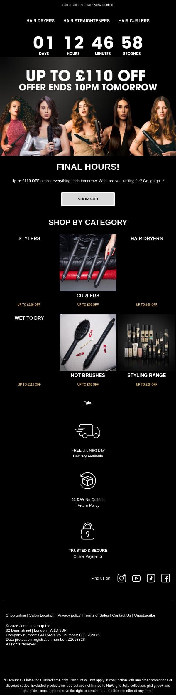Tick Tock... Less than 48hrs left ⏳ email from GHD screenshot