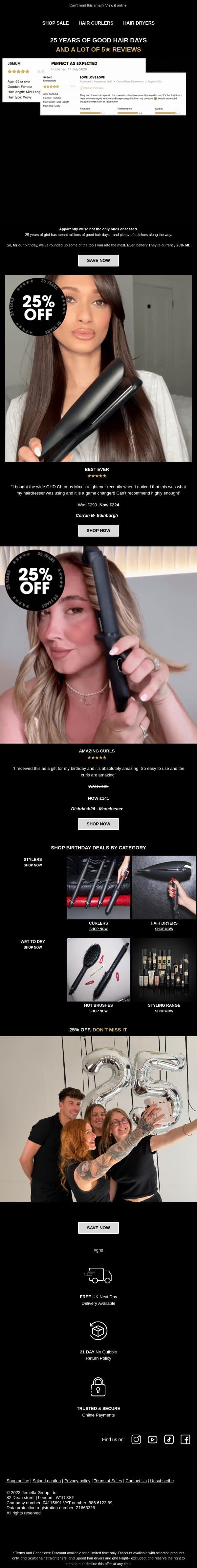 You said it, not us- 25% off faves ⭐️⭐️⭐️⭐️⭐️ email from GHD screenshot