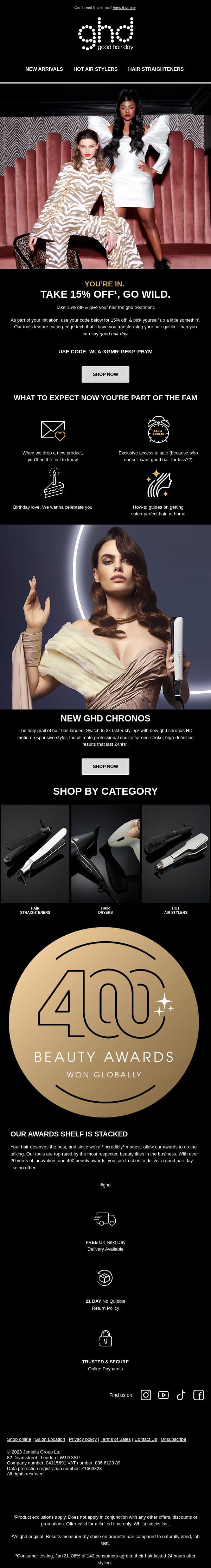 Welcome to ghd ❤️ 15% Off For You email from GHD screenshot