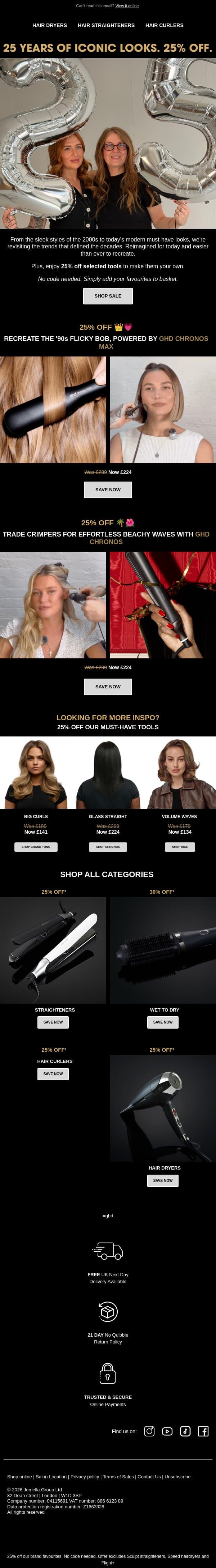 25% off looks good on you! Iconic hair through the years email from GHD screenshot