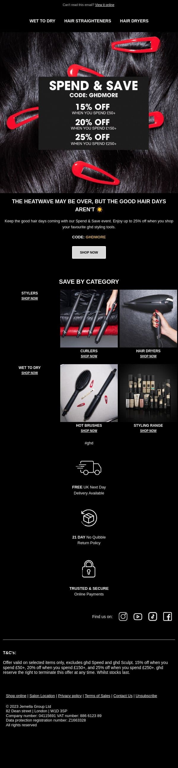 Your excuse to shop: up to 25% off email from GHD screenshot