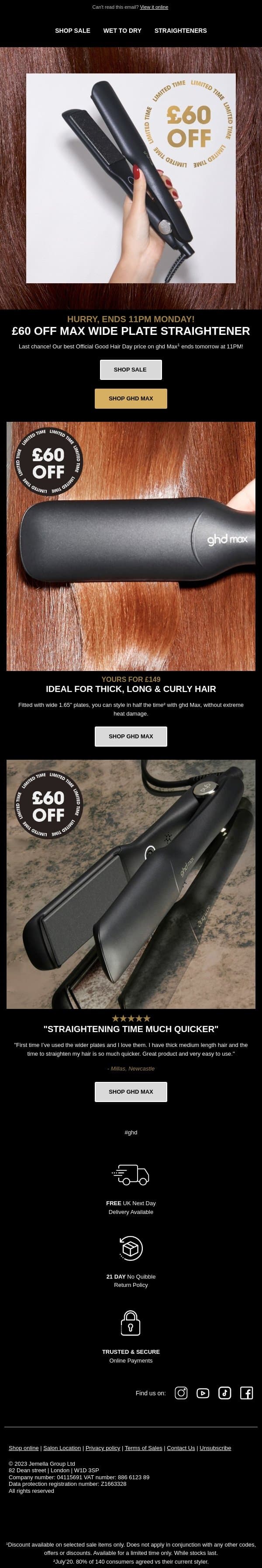 £60 off. ghd Max. Go. email from GHD screenshot