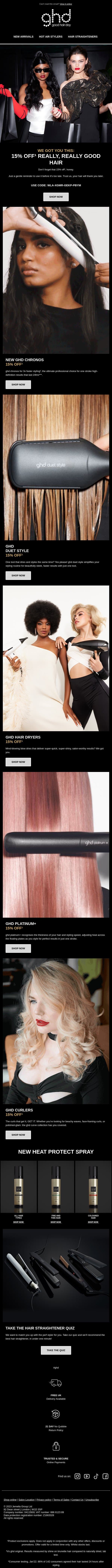 Your 15% Off Is Waiting 🎊💃 email from GHD screenshot