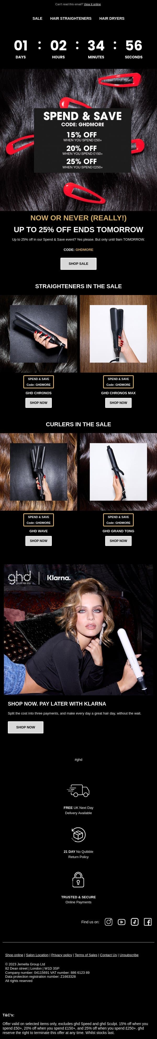 Our Spend & Save deal ends TOMORROW 🚨 email from GHD screenshot