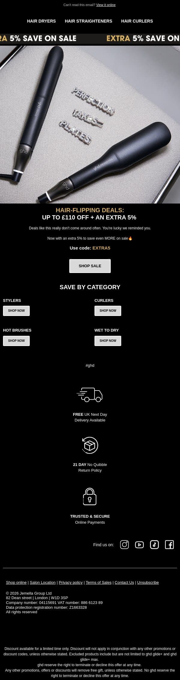 Up to £110 off + save an EXTRA 5% 🌟 email from GHD screenshot