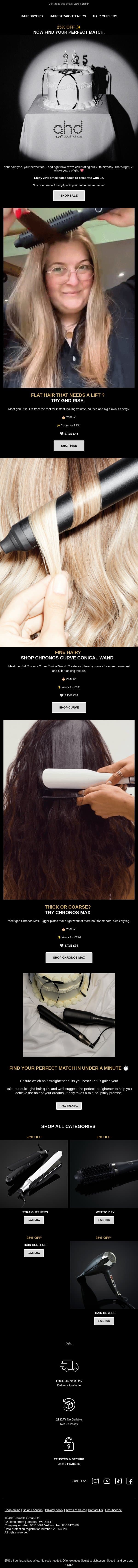 What does your hair need? Now 25% off email from GHD screenshot