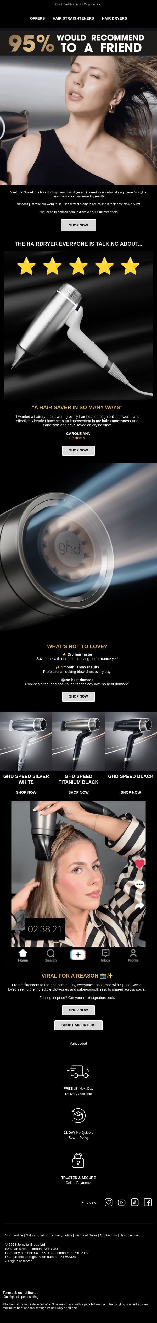 Want a no damage hair dryer that styles in minutes? email from GHD screenshot