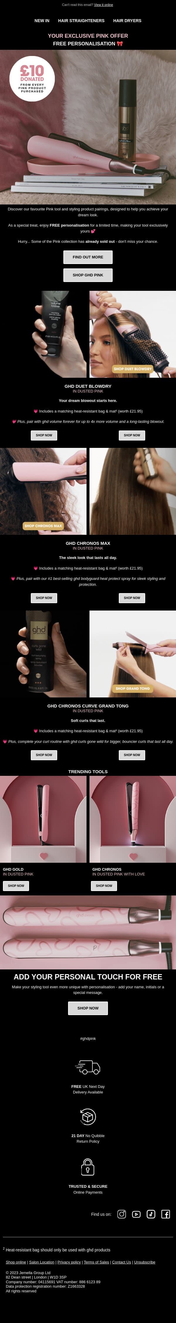 Run 🏃 Some Pink favourites have sold out already... email from GHD screenshot