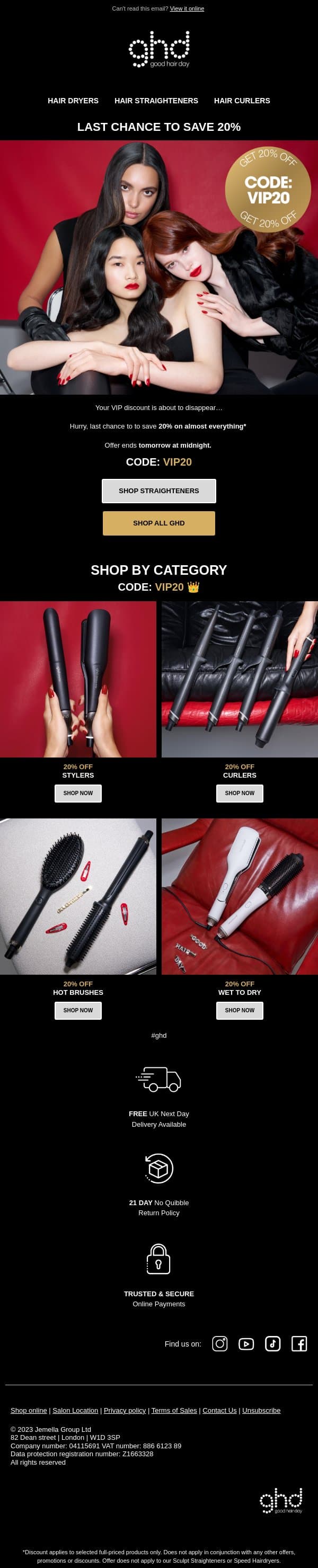 ONE Day Left ⏳ 20% Off ghd Tools email from GHD screenshot