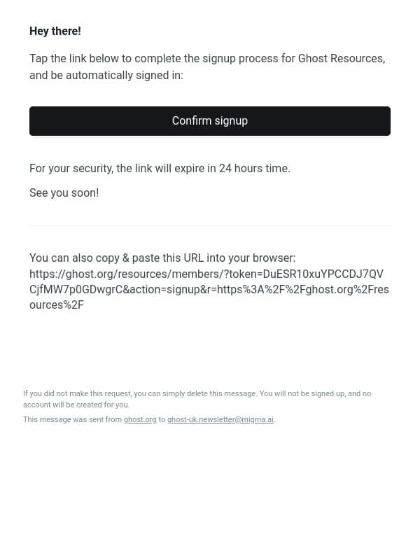 🙌 Complete your sign up to Ghost Resources! email from Ghost screenshot