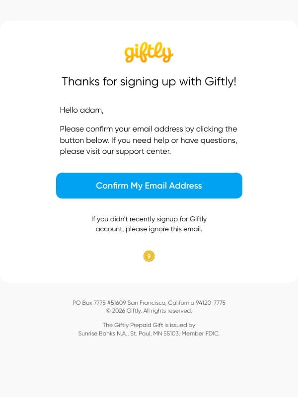 Please confirm your account email from Giftly screenshot