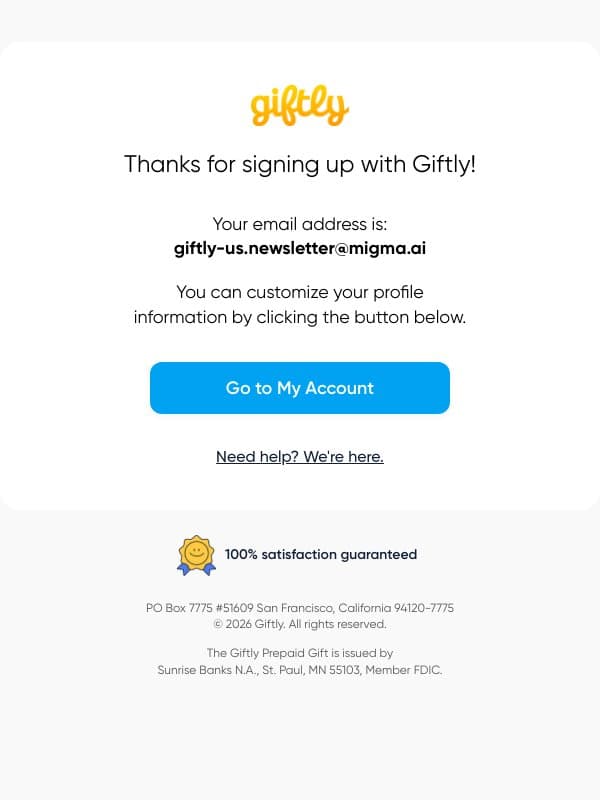 You've created a Giftly account! email from Giftly screenshot