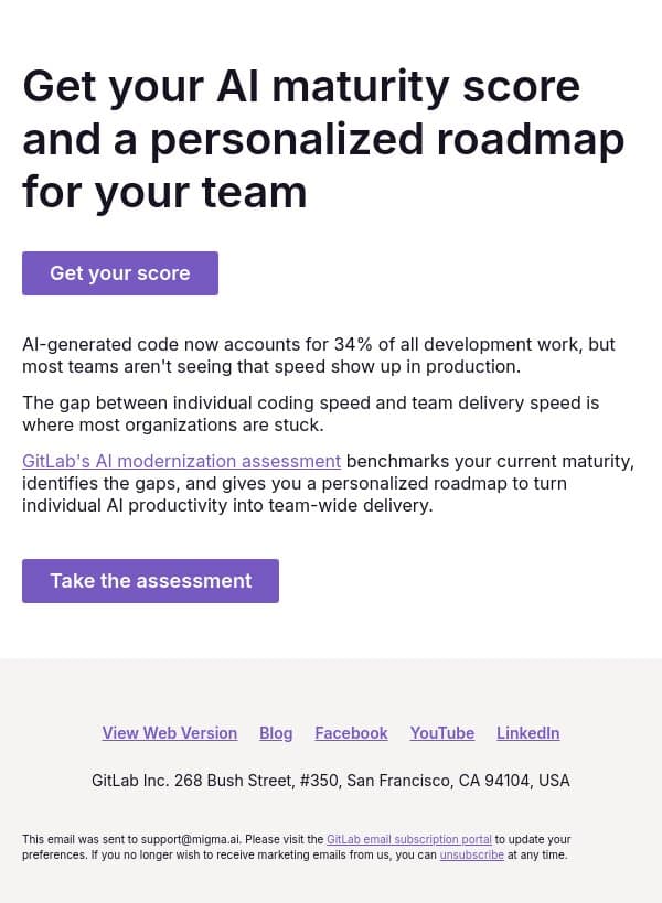 AI maturity assessment: know where your team stands email from GitLab screenshot
