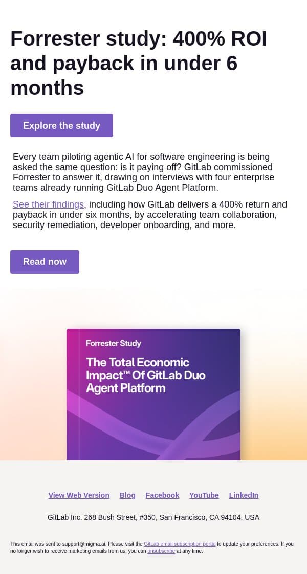 New Forrester study: 400% ROI on GitLab’s Duo Agent Platform email from GitLab screenshot