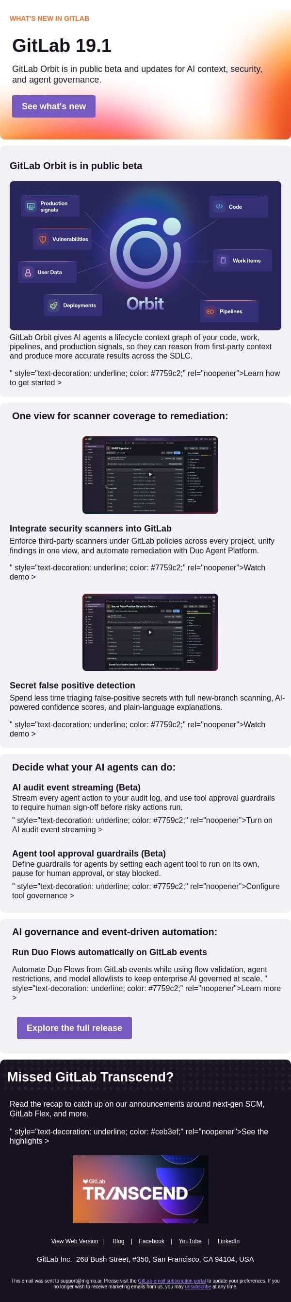 New in GitLab 19.1: Orbit, AI governance, and one vulnerability view email from GitLab screenshot