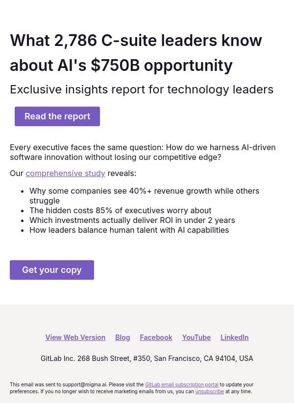 New report: Global C-suite insights on the Economics of Software Innovation email from GitLab screenshot