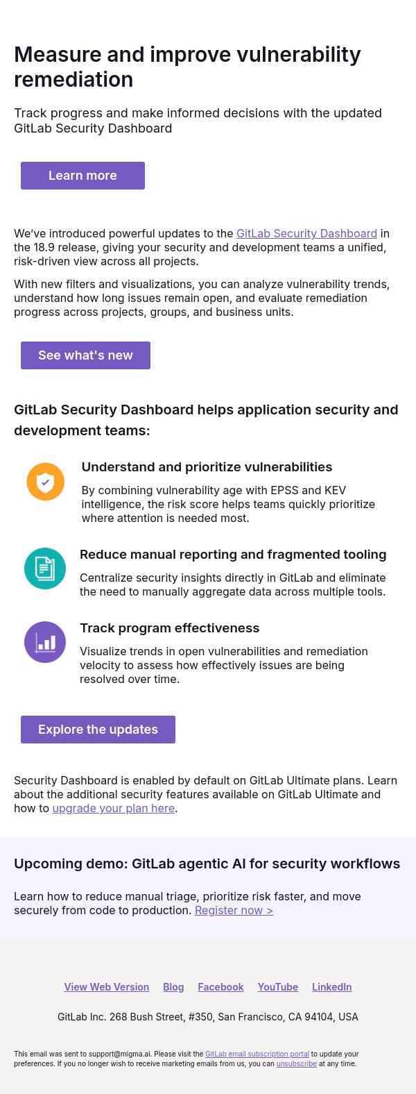 New in GitLab 18.9: Updated Security Dashboard email from GitLab screenshot