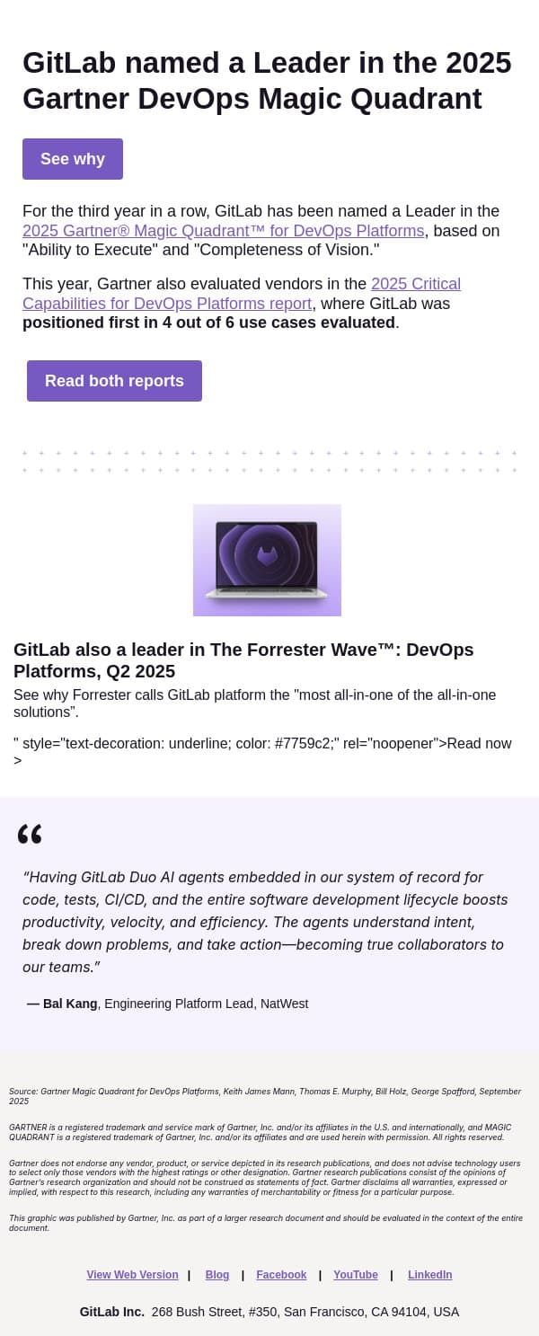 See why Gartner named GitLab a Leader for the 3rd year email from GitLab screenshot