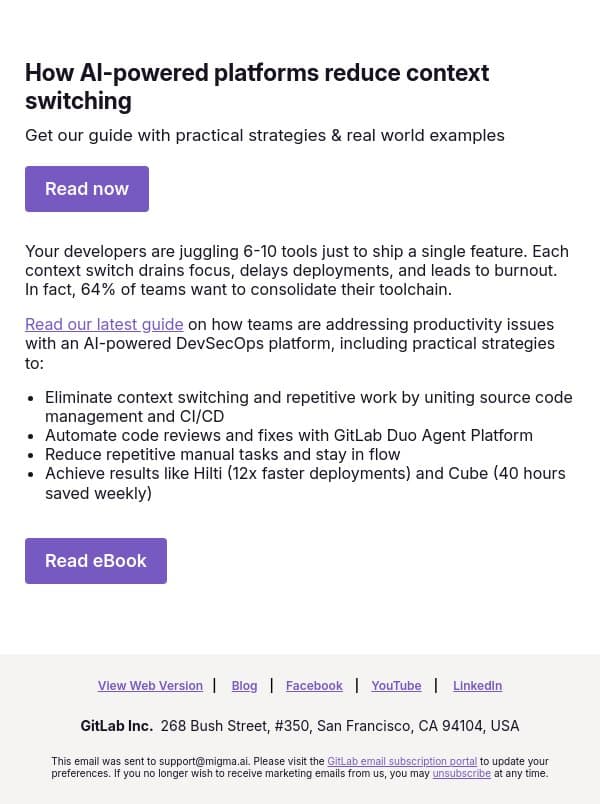[Guide] How to solve productivity challenges with an AI-native DevSecOps platform email from GitLab screenshot