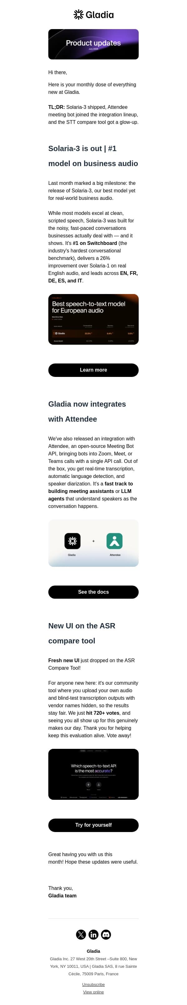Product updates - July 2026 email from Gladia screenshot