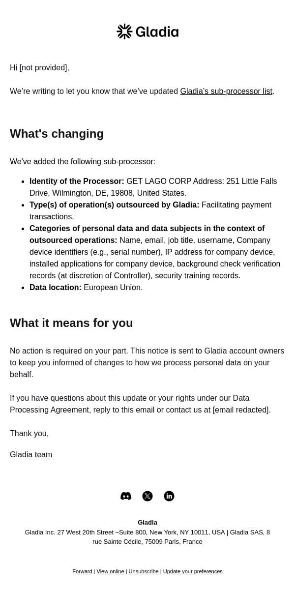 Update to Gladia’s sub-processor list email from Gladia screenshot