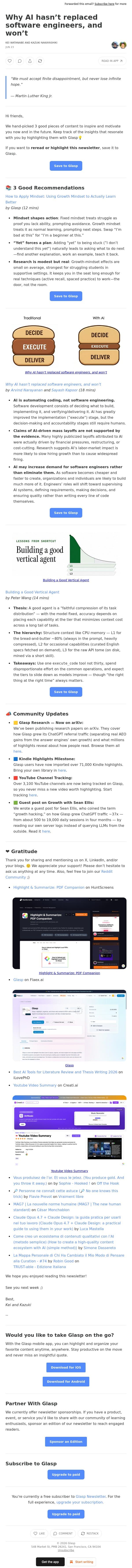 Why AI hasn’t replaced software engineers, and won’t email from Glasp screenshot