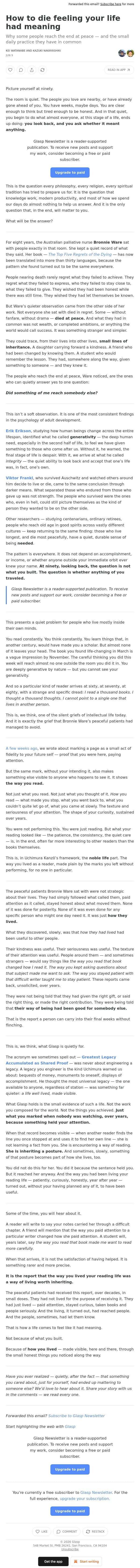 How to die feeling your life had meaning email from Glasp screenshot