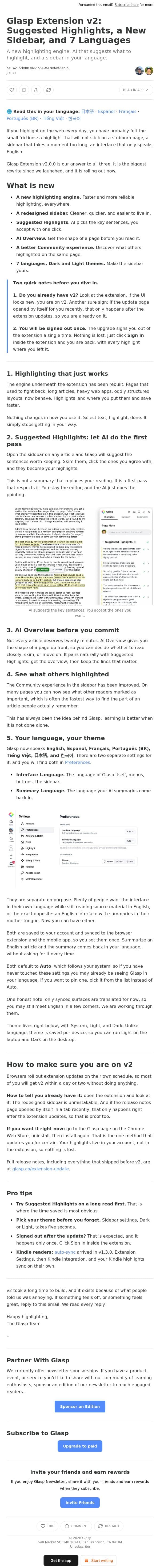 Glasp Extension v2: Suggested Highlights, a New Sidebar, and 7 Languages email from Glasp screenshot