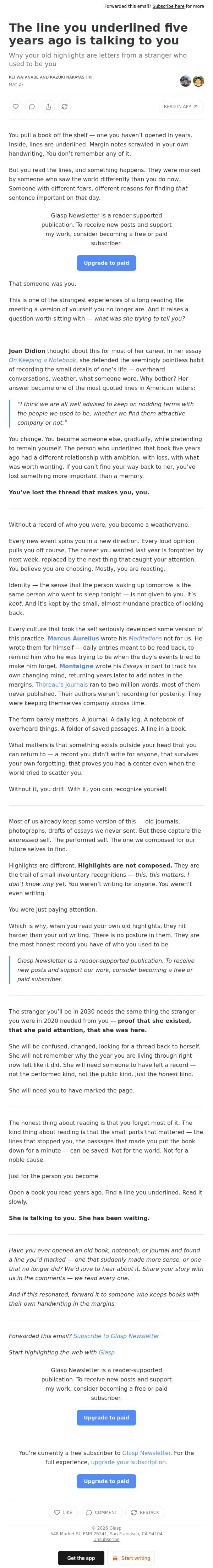 The line you underlined five years ago is talking to you email from Glasp screenshot