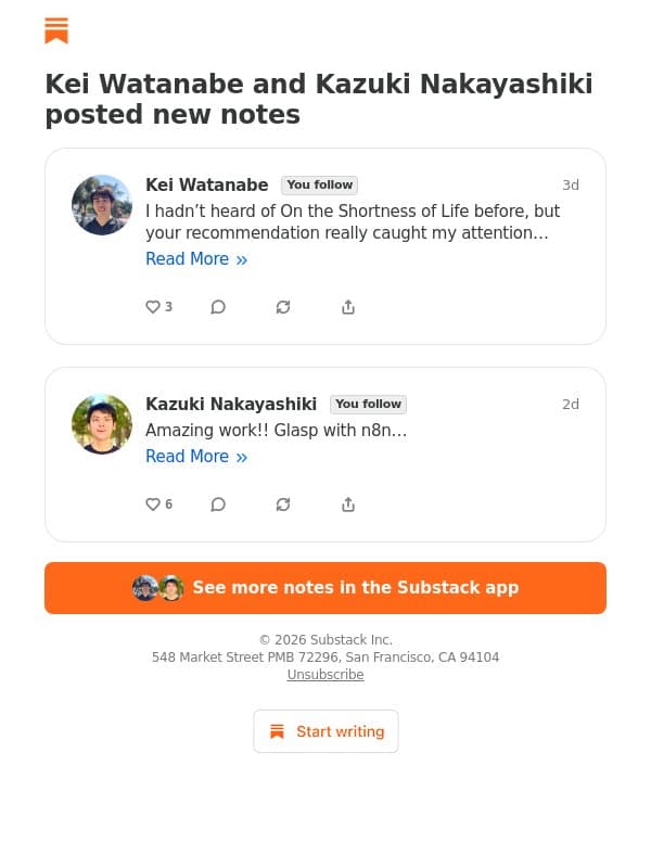 Kei Watanabe and Kazuki Nakayashiki posted new notes email from Glasp screenshot