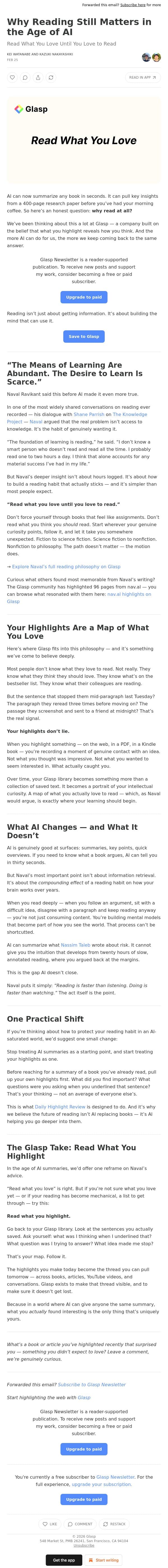 Why Reading Still Matters in the Age of AI email from Glasp screenshot