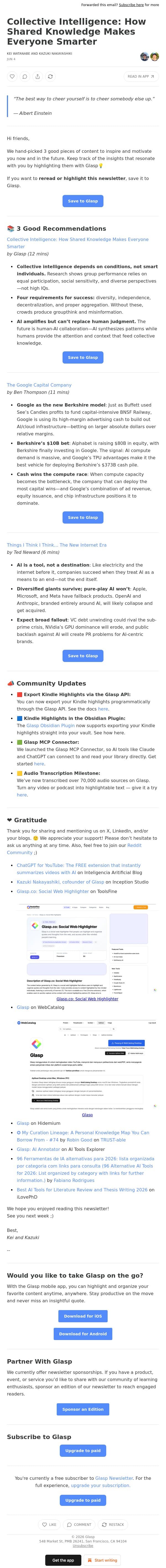 Collective Intelligence: How Shared Knowledge Makes Everyone Smarter email from Glasp screenshot