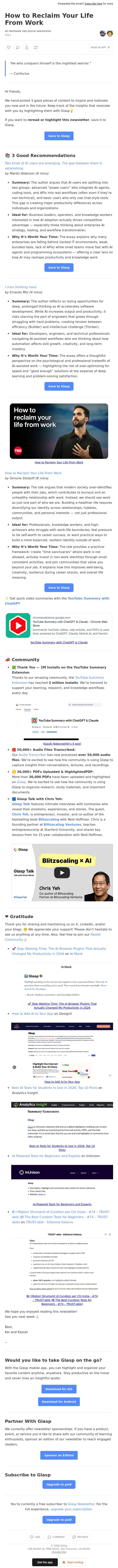 How to Reclaim Your Life From Work email from Glasp screenshot