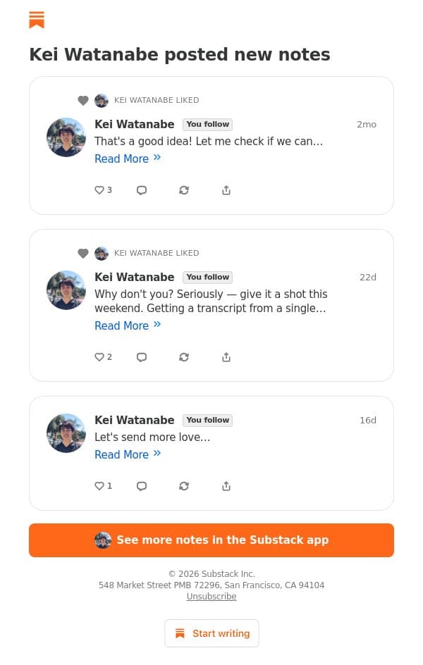 Kei Watanabe posted new notes email from Glasp screenshot