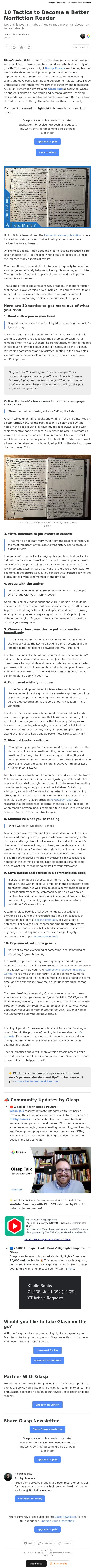 10 Tactics to Become a Better Nonfiction Reader email from Glasp screenshot